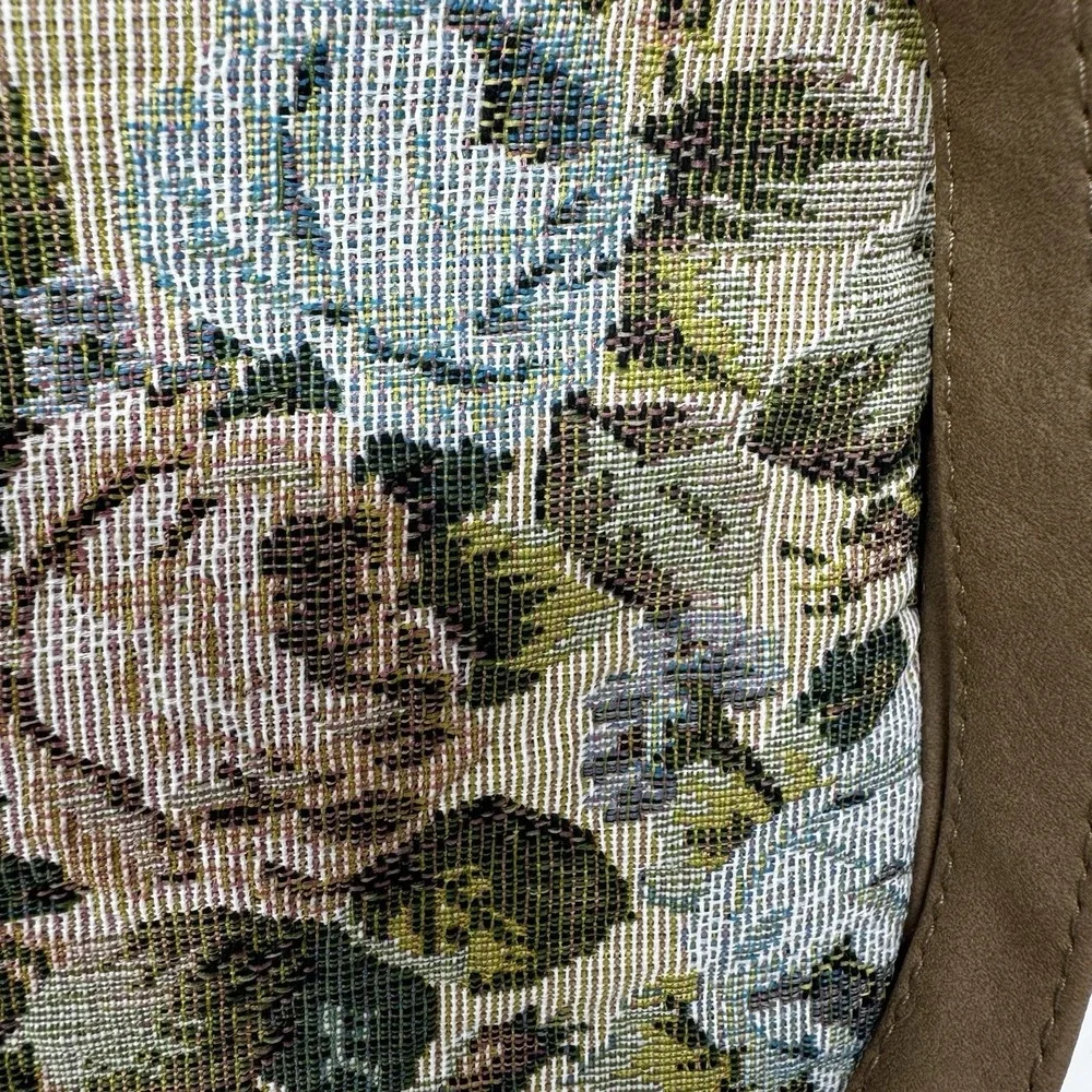 One East Carpet Bag Purse Tapestry Green Pink Canvas Med Zip Close Faux Leather